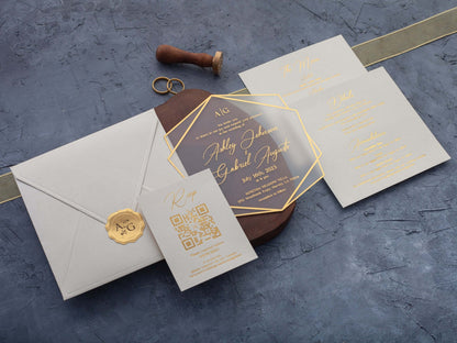 Ivory and Gold Acrylic Wedding Invitations – Hexagonal Design