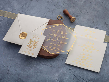 Ivory and Gold Acrylic Wedding Invitations – Hexagonal Design