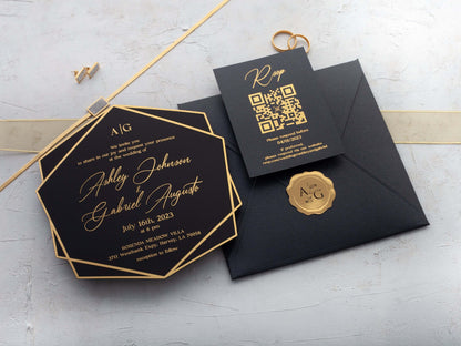 Black Acrylic Wedding Invitations with Gold Foil Accents