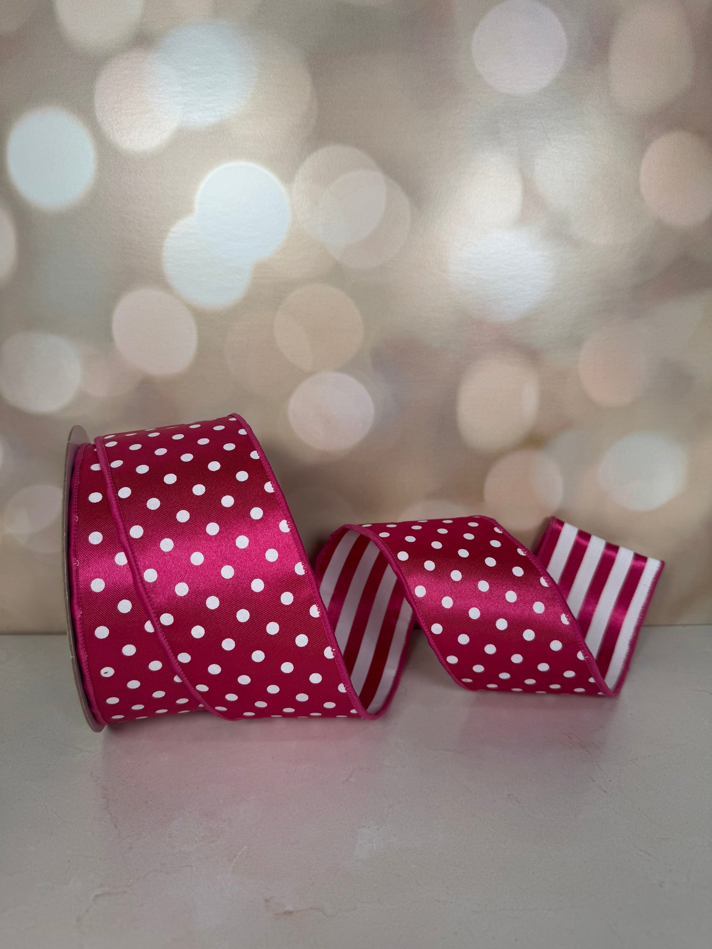 2.5"X10YD HOT PINK POLKA DOT/WHITE STRIPE/BACK