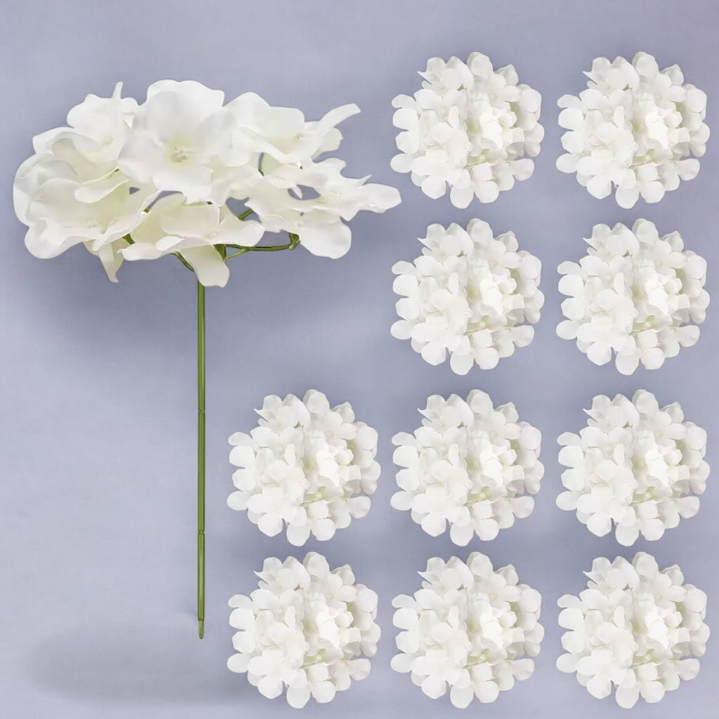 White Hydrangea Flowers - 6 Inch Faux Lifelike Stems 10-Pack