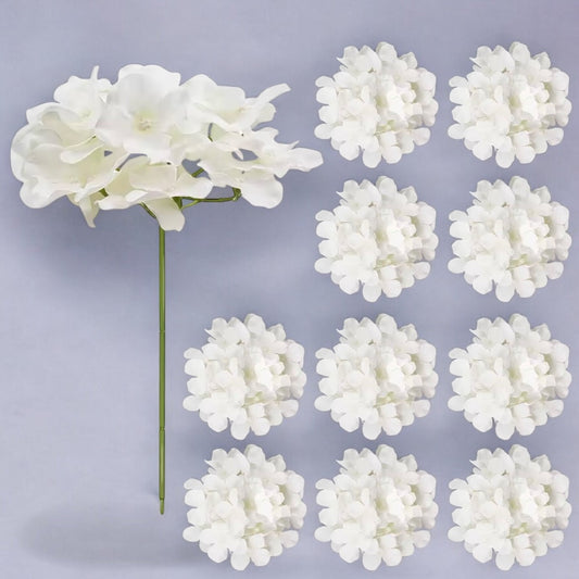 White Hydrangea Flowers - 6 Inch Faux Lifelike Stems 10-Pack