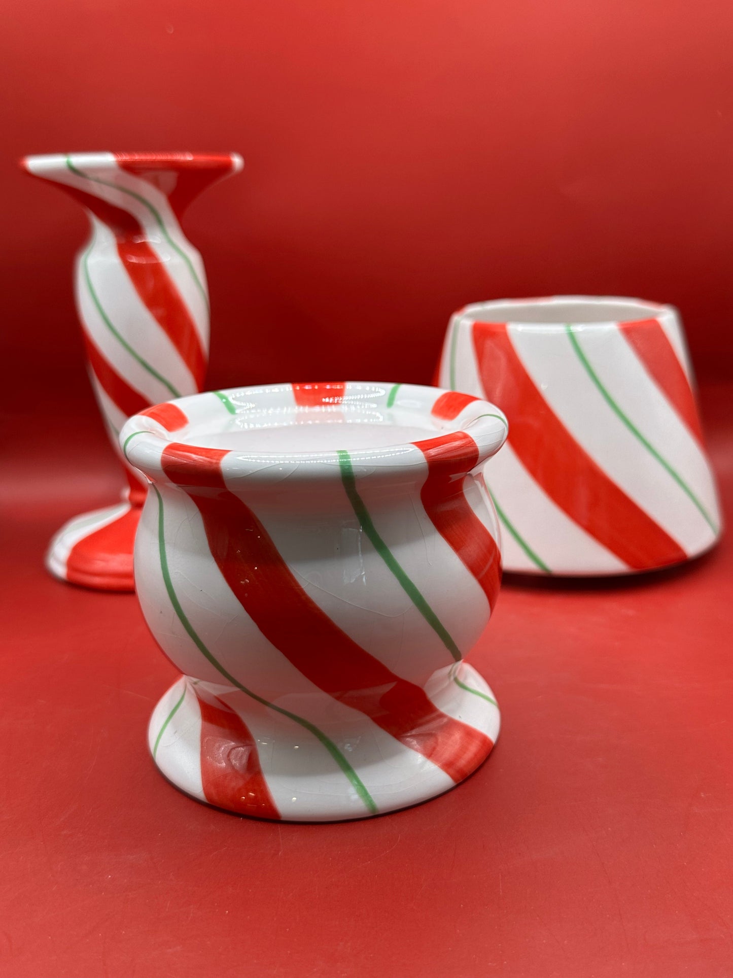 Peppermint Swirl Christmas Candle Holder – 3 Piece Set