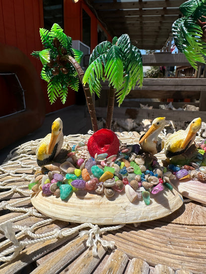 Seashell Beach Scene with Pelicans