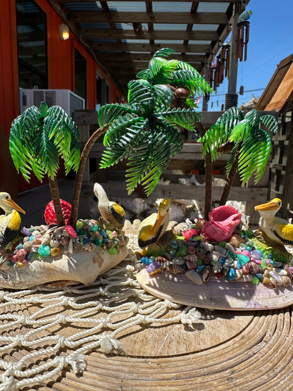 Seashell Beach Scene with Pelicans