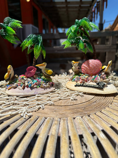 Seashell Beach Scene with Pelicans