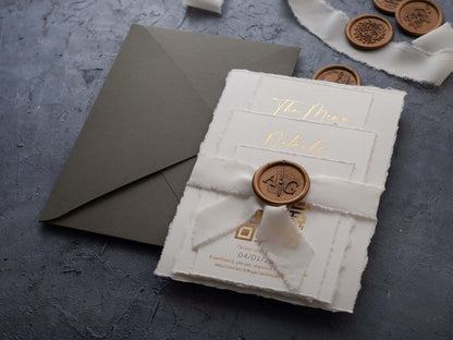 Natural Deckled Edge Wedding Invitations with Gold Foil