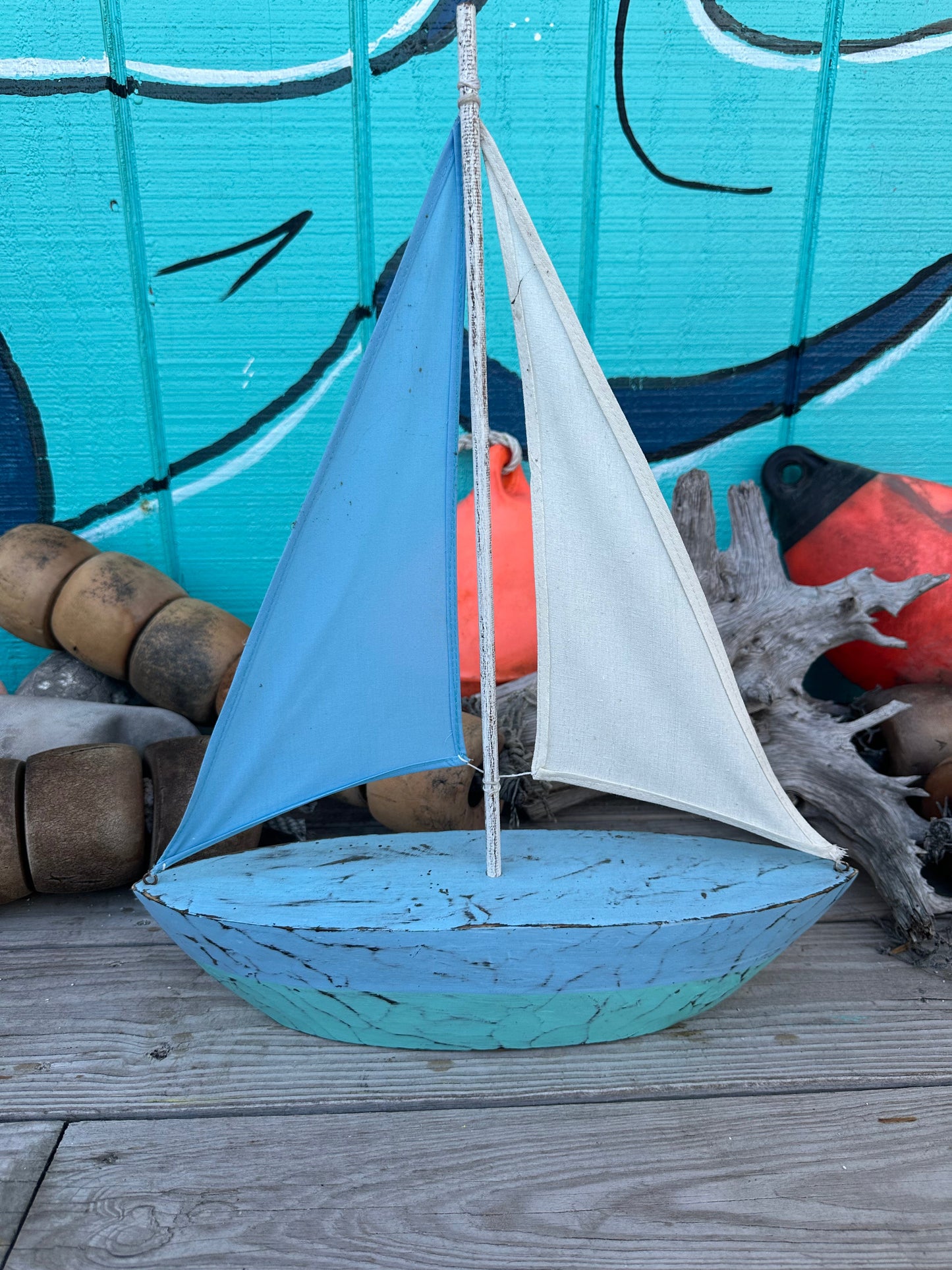 Blue & White Wooden Sailboat