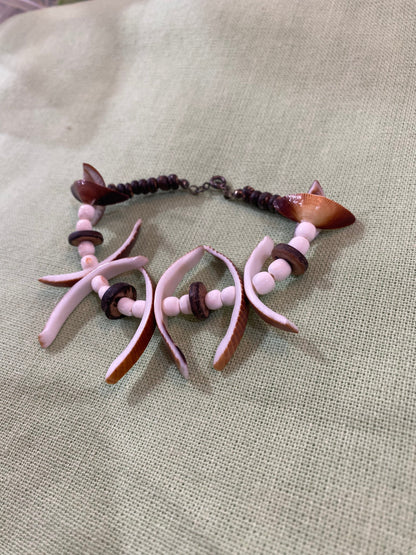 Vintage Pink and Brown Carved Shell Bracelet - Handmade Coastal Jewelry