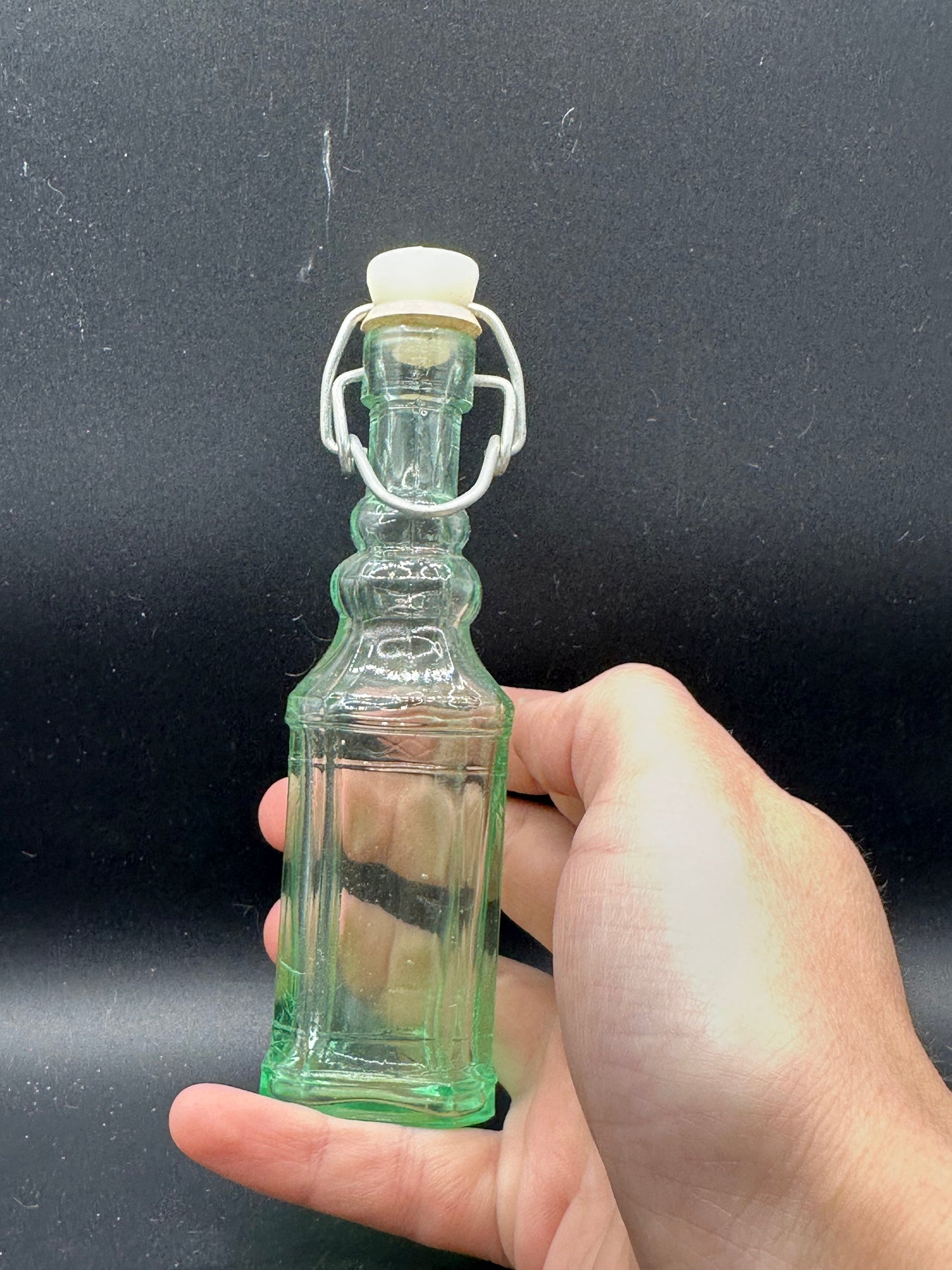 Vintage Green Glass Bottle with Swing Top Stopper 5x1.5"