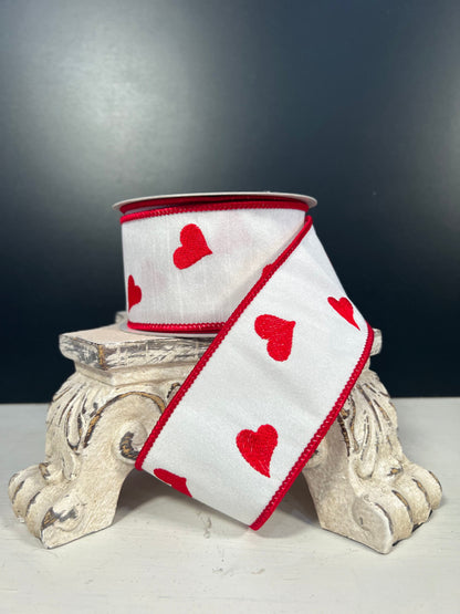 2.5"X10YD Red heart embroidery on white dupioni with white sheer back red edge