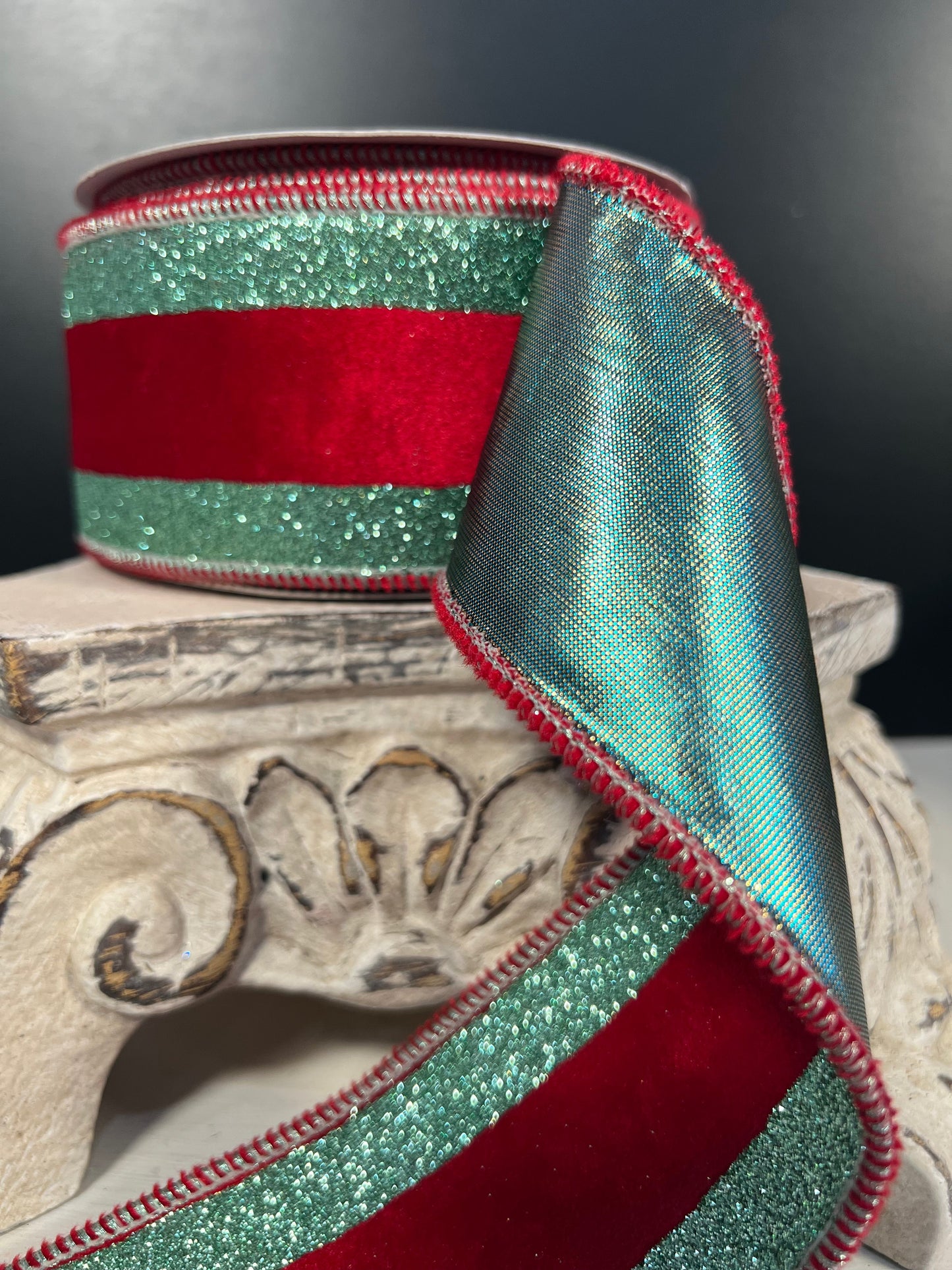 2.5"X10 YD Red Velvet ribbon with Lt Aqua glitter stripe on the edge with rose gold back and Lt. aqu