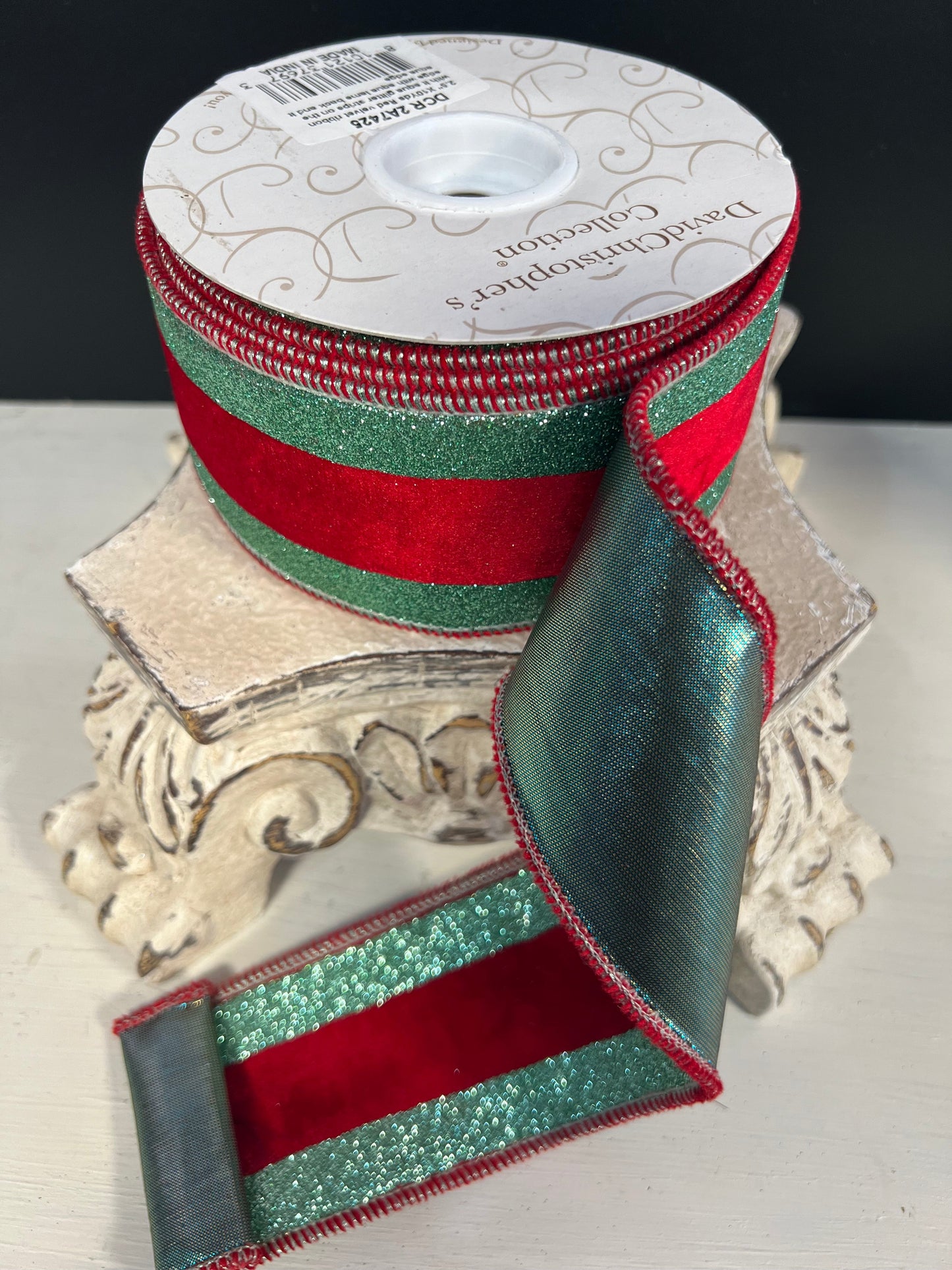 2.5"X10 YD Red Velvet ribbon with Lt Aqua glitter stripe on the edge with rose gold back and Lt. aqu