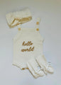 Newborn Knit Romper Set – Hello World, LITTLE SISTER and LITTLE BROTHER Embroidered Baby Outfit with Hat & Booties or Headband | Soft Coming Home Outfit