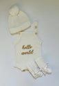 Newborn Knit Romper Set – Hello World, LITTLE SISTER and LITTLE BROTHER Embroidered Baby Outfit with Hat & Booties or Headband | Soft Coming Home Outfit
