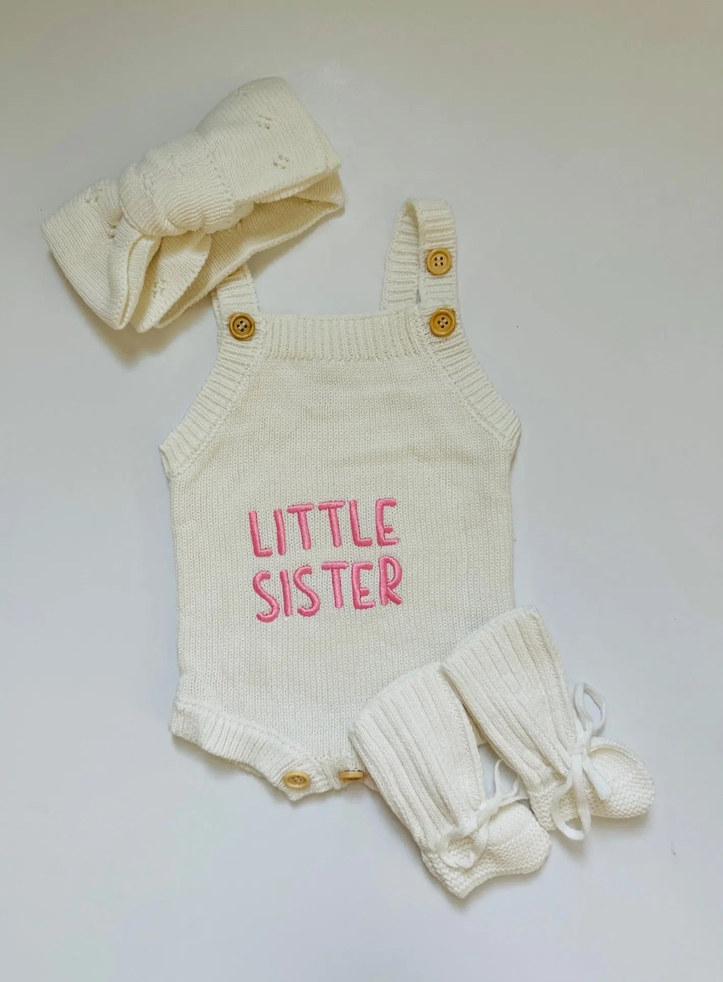 Newborn Knit Romper Set – Hello World, LITTLE SISTER and LITTLE BROTHER Embroidered Baby Outfit with Hat & Booties or Headband | Soft Coming Home Outfit