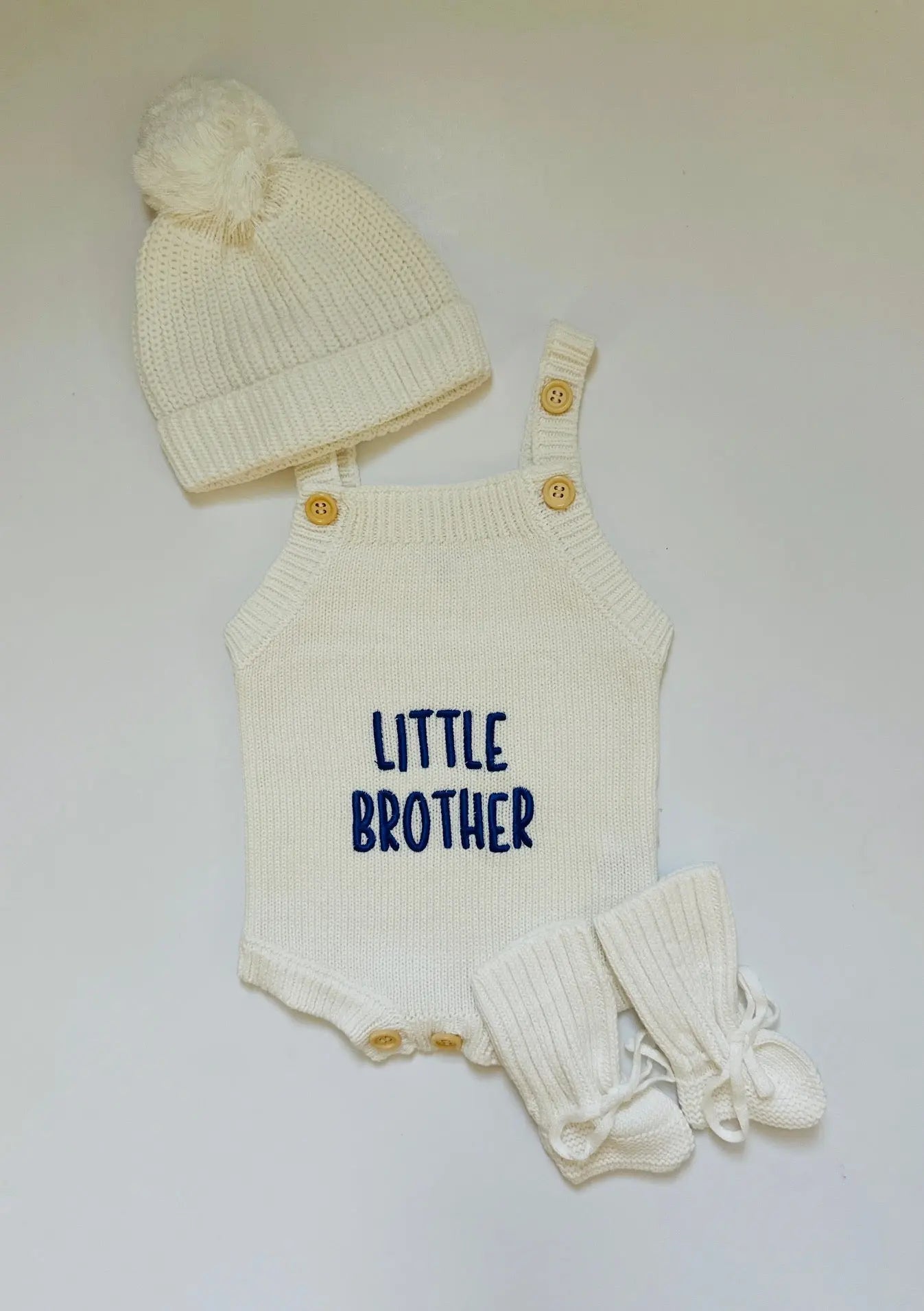 Newborn Knit Romper Set – Hello World, LITTLE SISTER and LITTLE BROTHER Embroidered Baby Outfit with Hat & Booties or Headband | Soft Coming Home Outfit