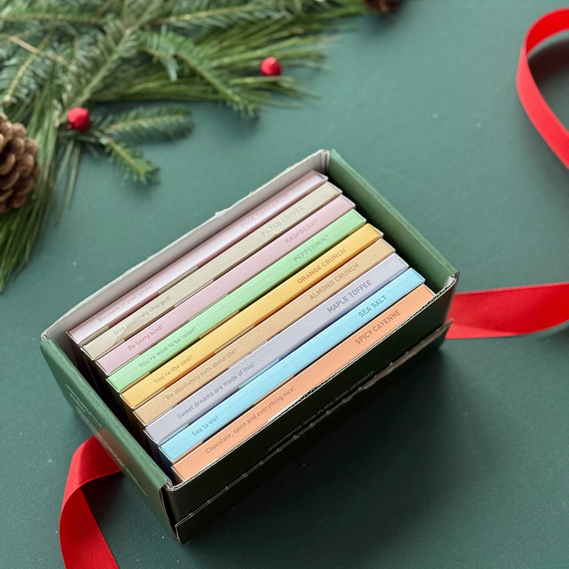Set of colorful pastel-colored pencils in a box with Christmas decorations on a green background