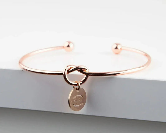 Dainty Knot Bracelet, Rose Gold Plated Wire Knot Bangle with Zodiac