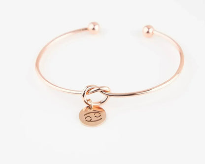 Dainty Knot Bracelet, Rose Gold Plated Wire Knot Bangle with Zodiac
