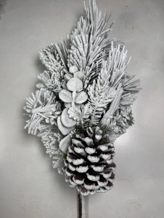 Flocked Snow Mix Pine W/Cones Spray X9 20"