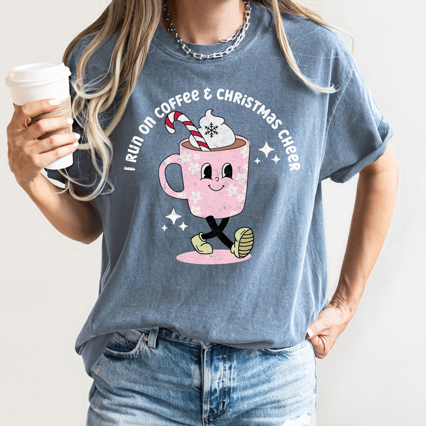 I Run On Coffee, Christmas Cheer, Retro, Comfort Colors, Tshirt