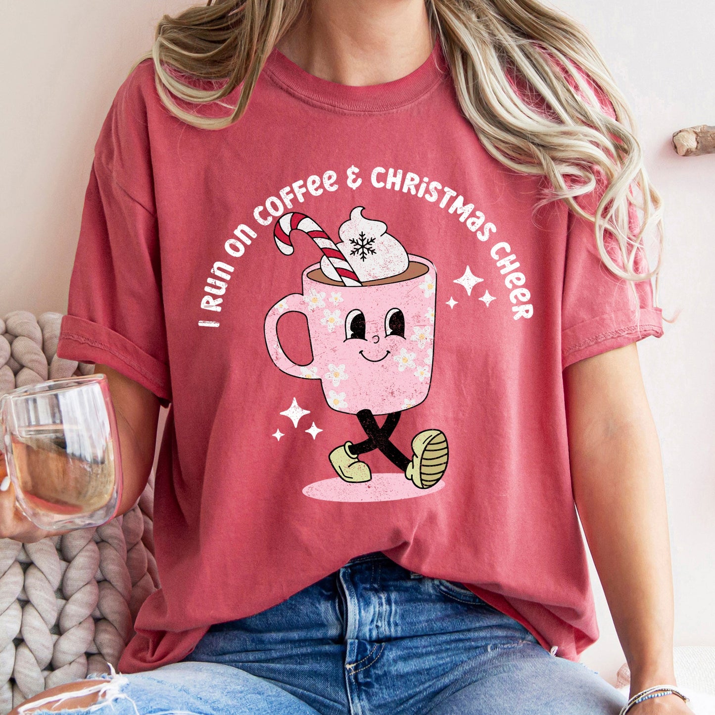 I Run On Coffee, Christmas Cheer, Retro, Comfort Colors, Tshirt