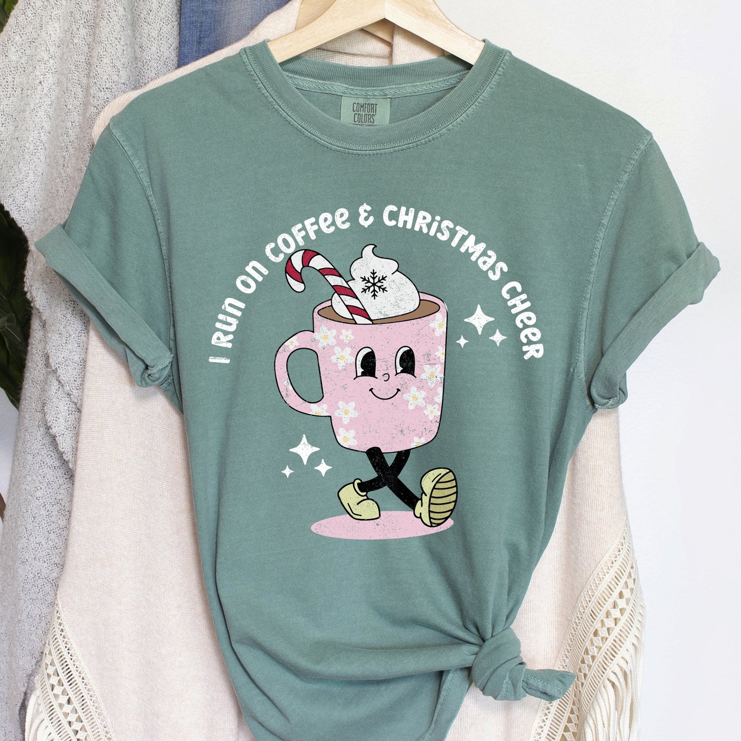 I Run On Coffee, Christmas Cheer, Retro, Comfort Colors, Tshirt