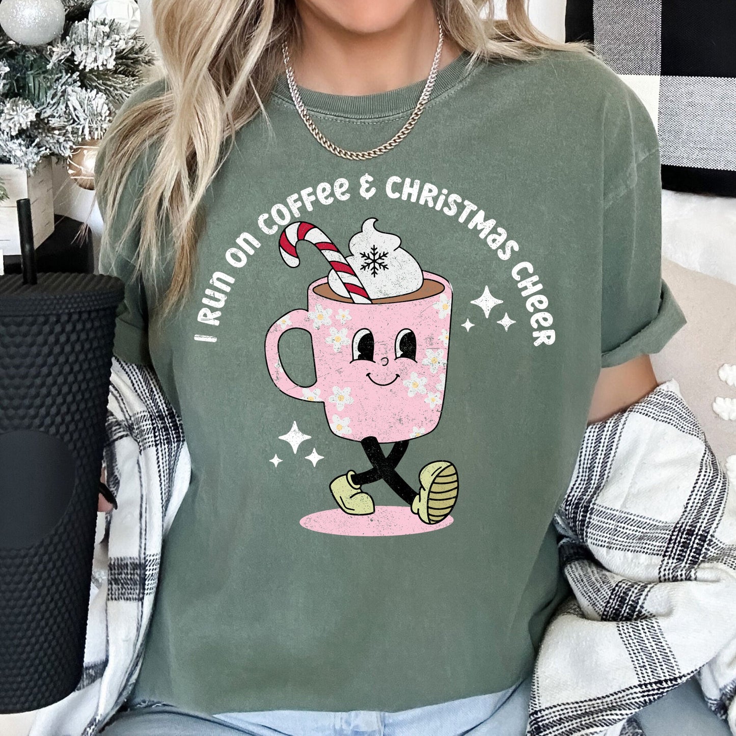 I Run On Coffee, Christmas Cheer, Retro, Comfort Colors, Tshirt