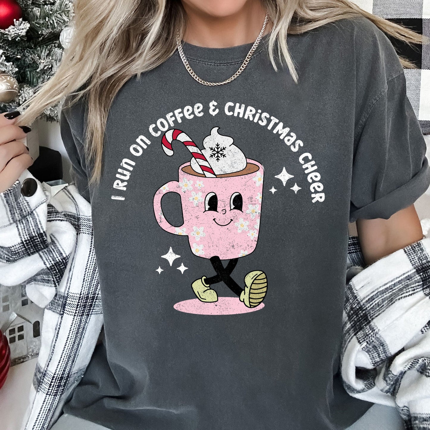 I Run On Coffee, Christmas Cheer, Retro, Comfort Colors, Tshirt