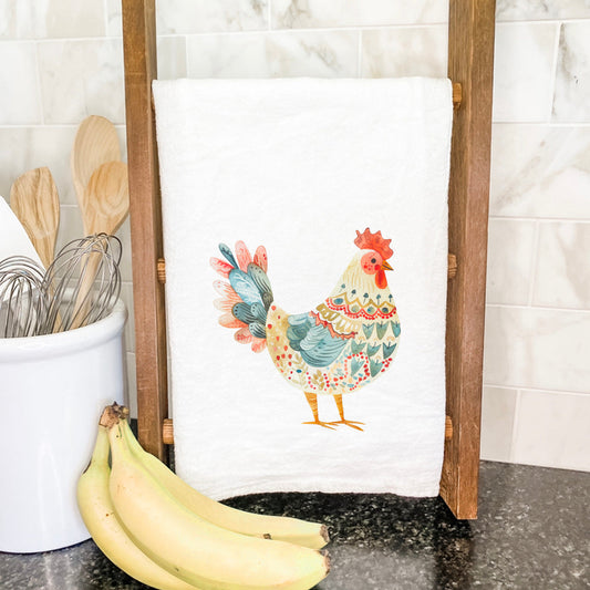 Red and Blue Folk-Art Chicken - Patriotic Cotton Tea Towel