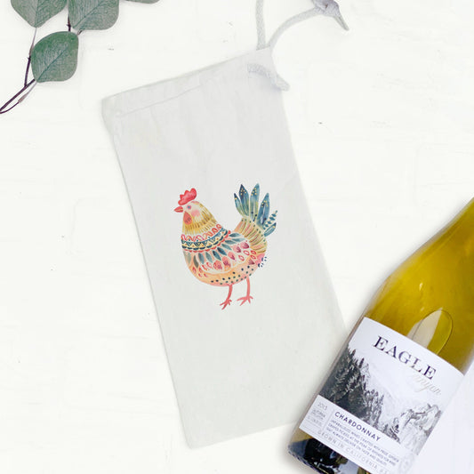 Folk-Art Chicken - Spring Canvas Wine Bag