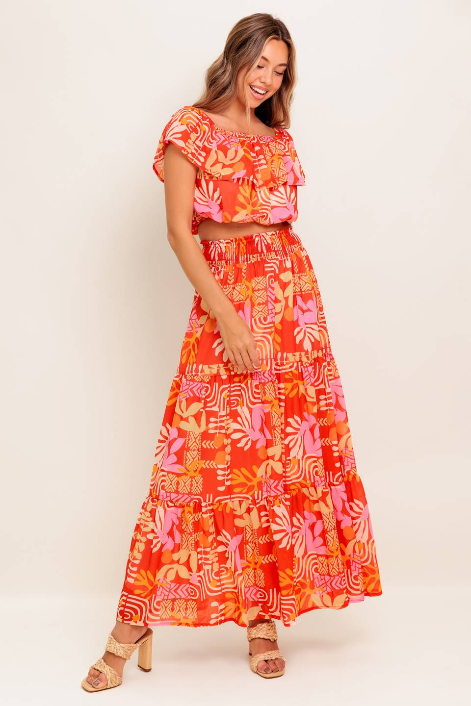 FAINT SUNBEAM RED WOVEN TOP AND SKIRT SET