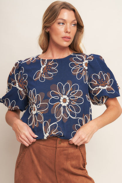 RETRO BLOOM PUFF SLEEVE WOVEN TOP