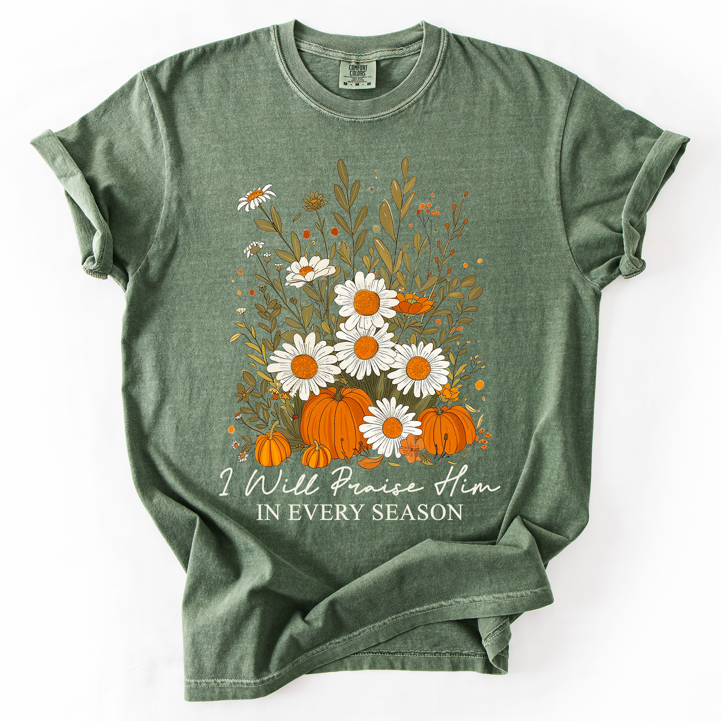 I Will Praise Him In Every Season, Psalm 34 1, Faith, Christian, Autumn, Pumpkin, Fall, Comfort Colors T-Shirt
