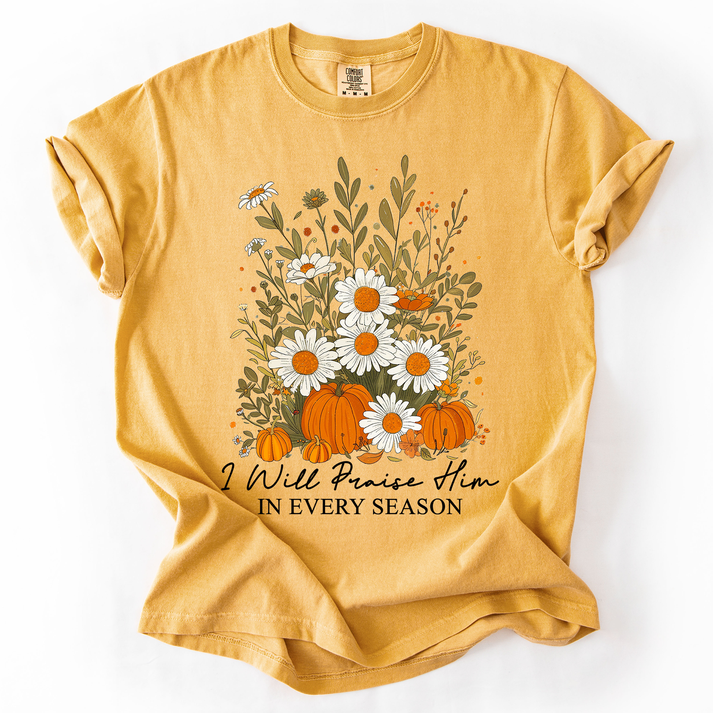 I Will Praise Him In Every Season, Psalm 34 1, Faith, Christian, Autumn, Pumpkin, Fall, Comfort Colors T-Shirt