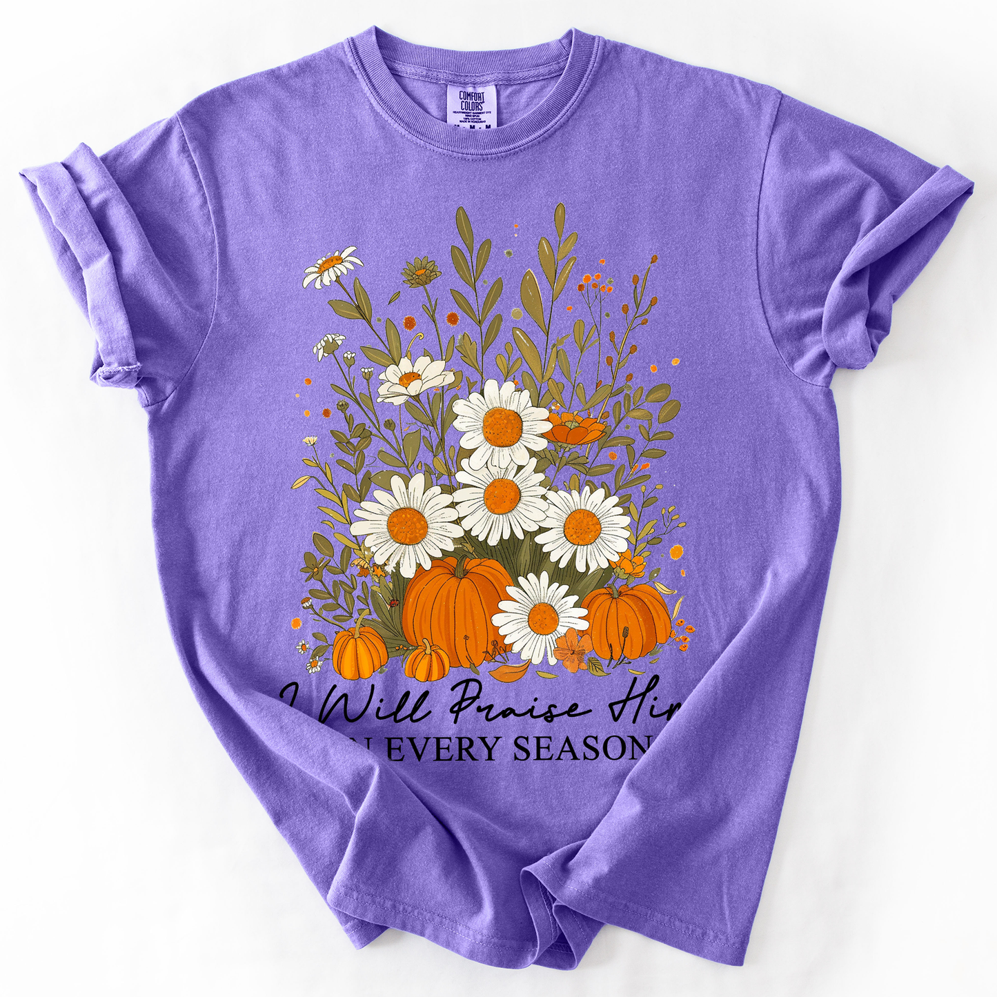 I Will Praise Him In Every Season, Psalm 34 1, Faith, Christian, Autumn, Pumpkin, Fall, Comfort Colors T-Shirt