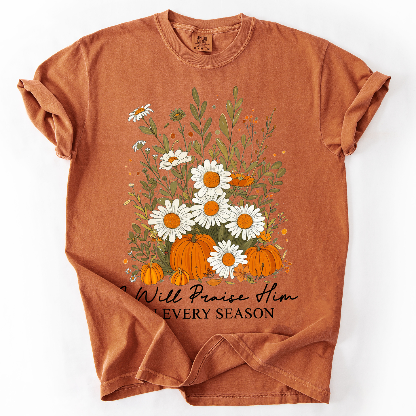 I Will Praise Him In Every Season, Psalm 34 1, Faith, Christian, Autumn, Pumpkin, Fall, Comfort Colors T-Shirt