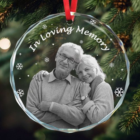 Custom Photo In Loving Memory Forever In Our Hearts - Personalized Christmas Circle Glass Ornament - Memorial Sympathy Gifts For Loss Of Mom, Dad