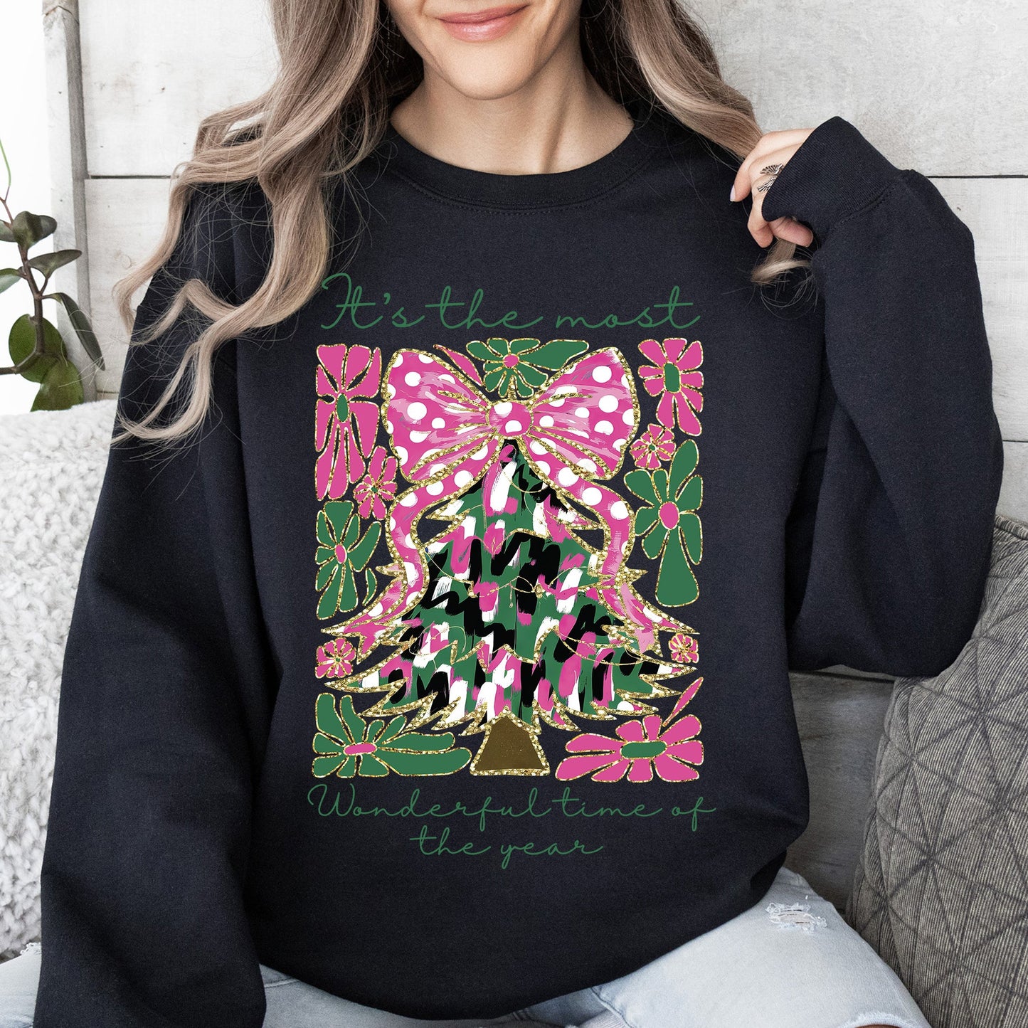 It's The Most Wonderful Time Of The Year, Faux Gold, Floral, Christmas, Botanical Sweatshirt
