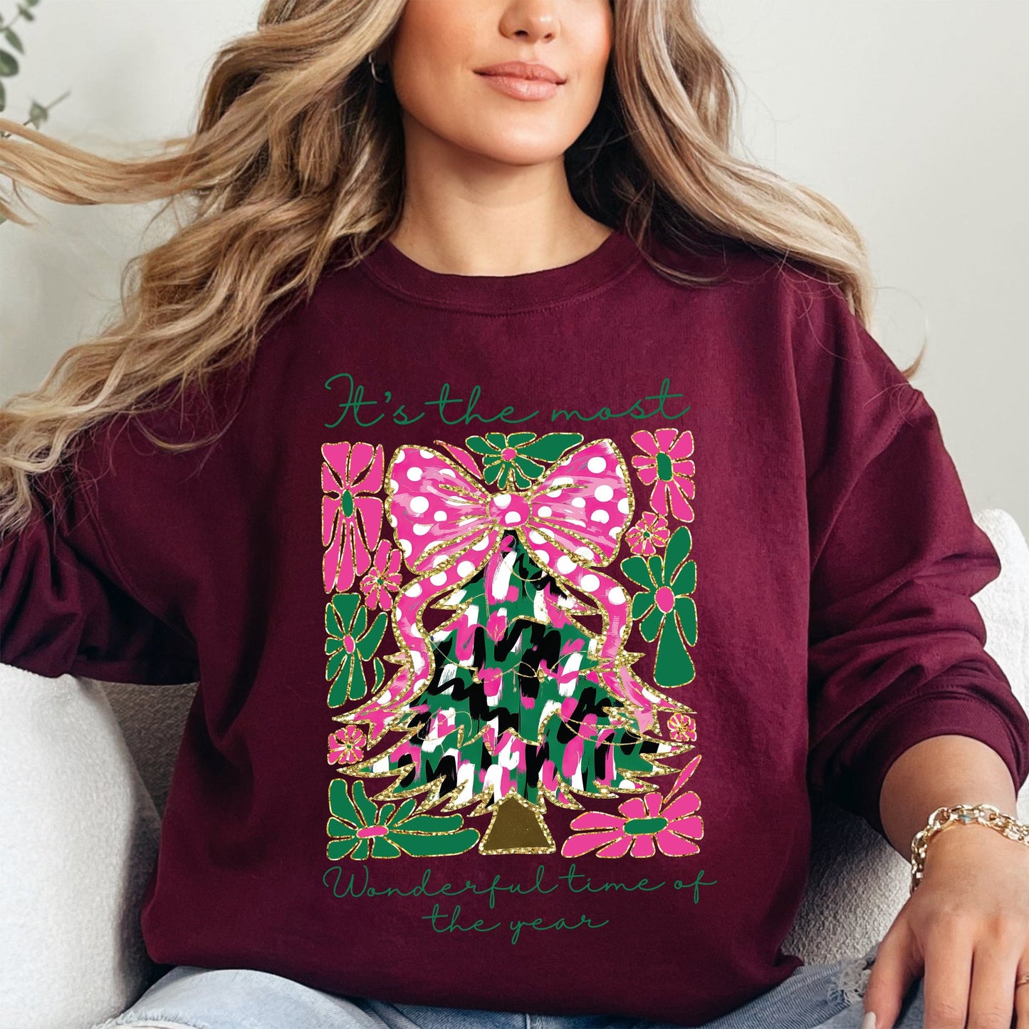 It's The Most Wonderful Time Of The Year, Faux Gold, Floral, Christmas, Botanical Sweatshirt