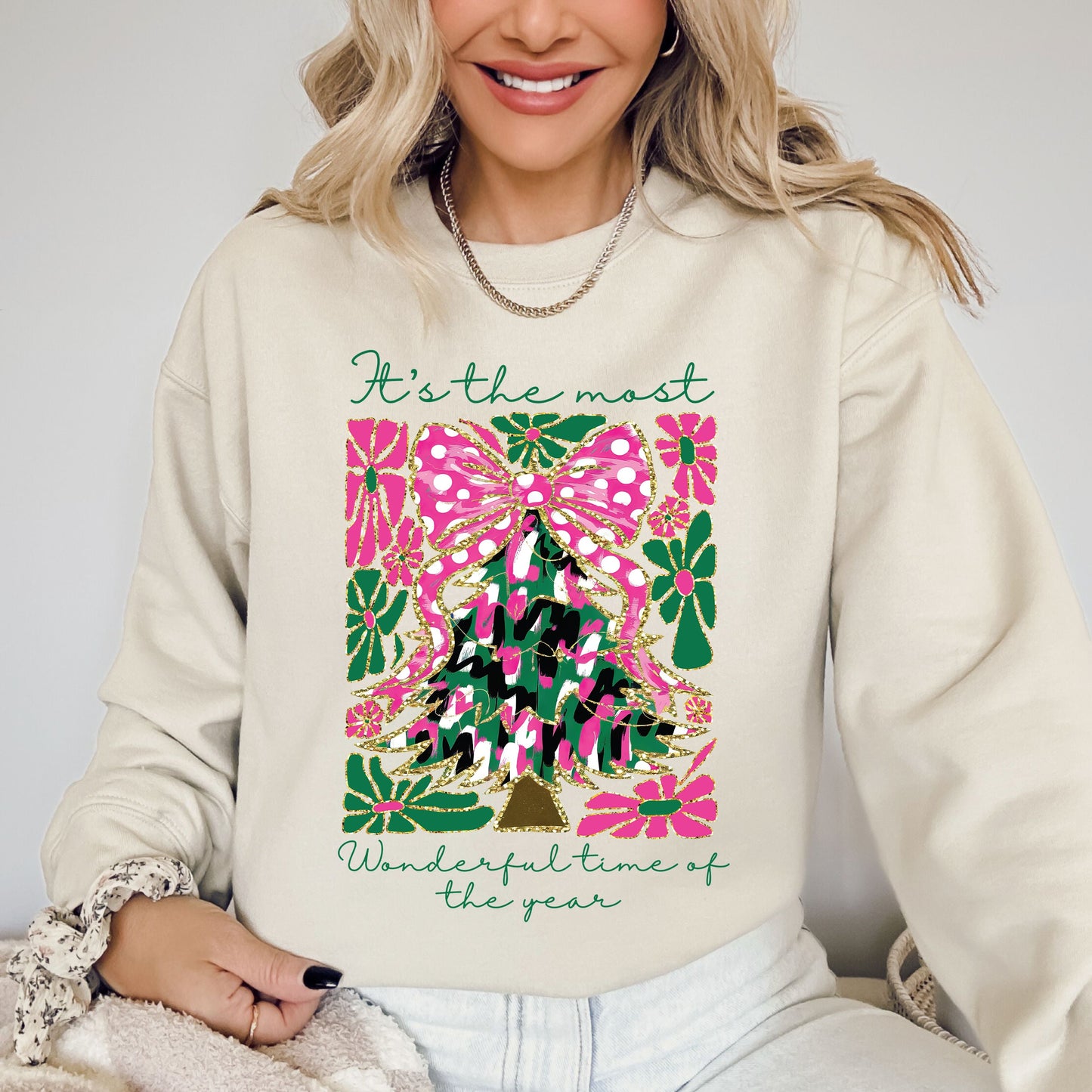 It's The Most Wonderful Time Of The Year, Faux Gold, Floral, Christmas, Botanical Sweatshirt