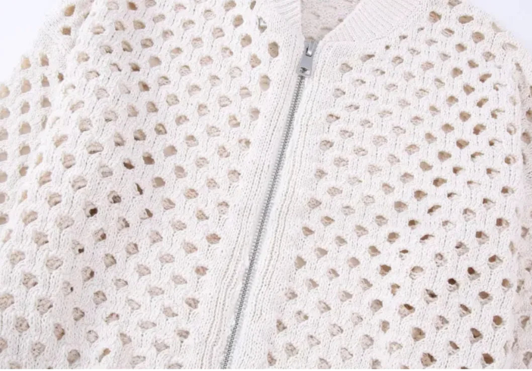 Open Knit Zip-Up Bomber Jacket