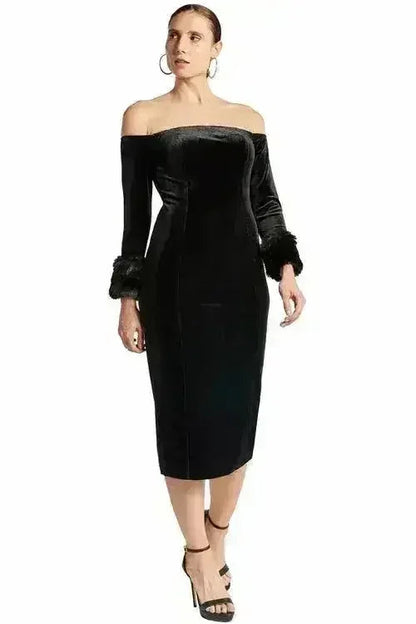 Joia Dress - Velvet off the shoulder long sleeve dress with faux fur