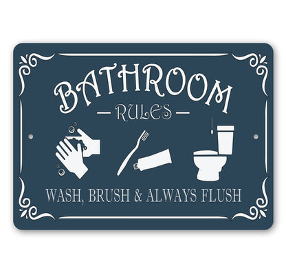Navy blue sign with white text and icons for bathroom rules on a white background