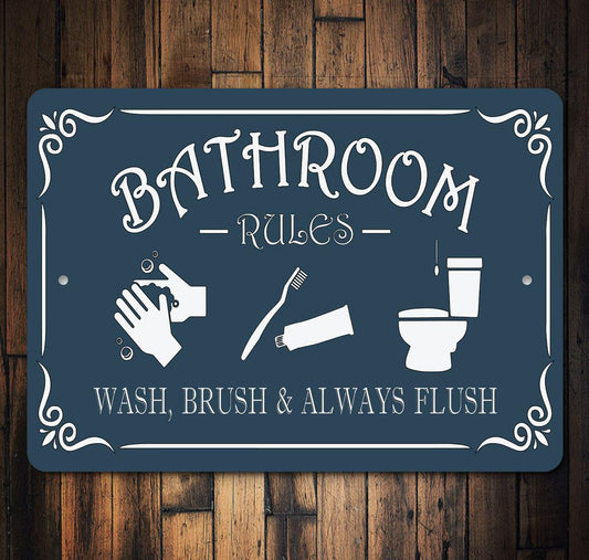 Bathroom rules sign with illustrations on a wooden background