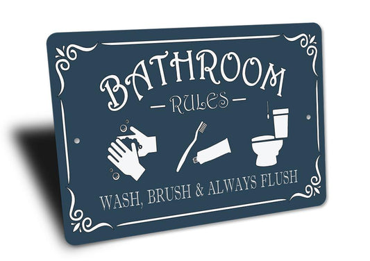 Navy blue sign with white text and icons for 'Bathroom Rules' on a white background