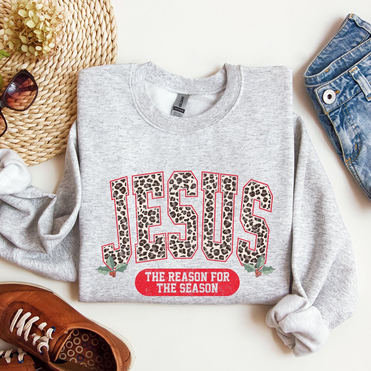 Jesus, Reason For The Season, Christmas, Religious, Christian, Leopard Print Sweatshirt