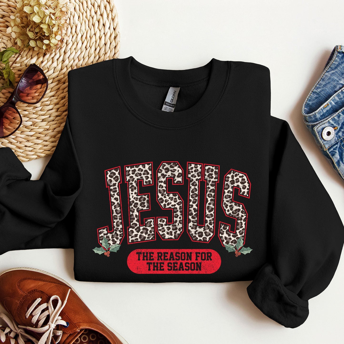Jesus, Reason For The Season, Christmas, Religious, Christian, Leopard Print Sweatshirt