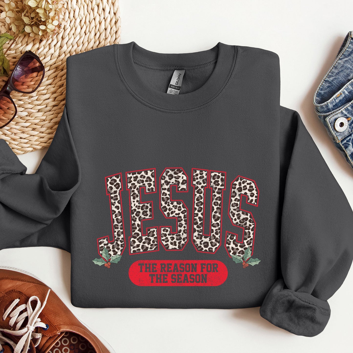 Jesus, Reason For The Season, Christmas, Religious, Christian, Leopard Print Sweatshirt
